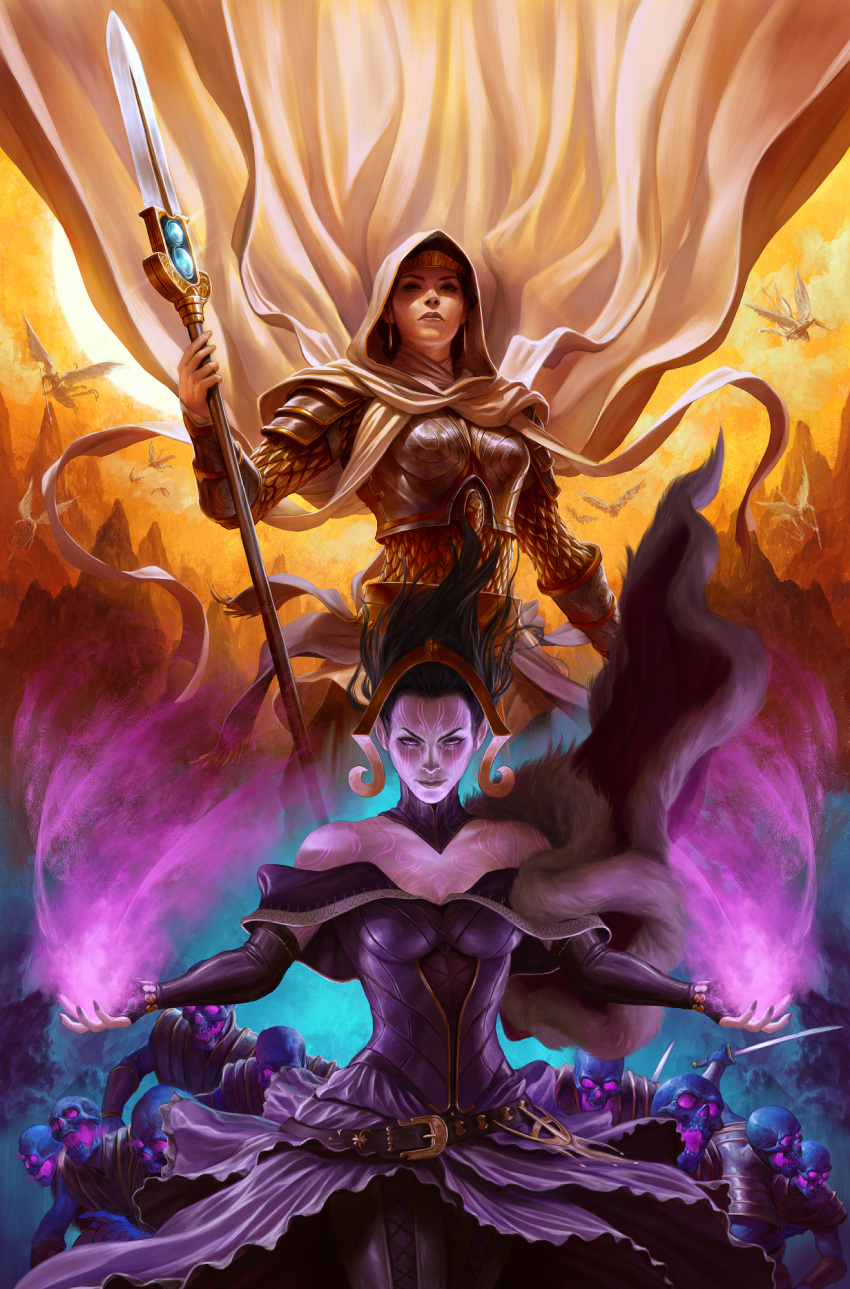 2girls armor capelet colored_skin comic_cover cover cover_page dave_rapoza detached_collar dress earrings elspeth_tirel english_commentary fantasy floating_hair flying fur_capelet glowing glowing_eyes gold_headband highres holding holding_lance holding_polearm holding_weapon hood jewelry knight lance liliana_vess looking_at_viewer magic:_the_gathering multiple_girls off-shoulder_dress off_shoulder official_art open_hands open_mouth polearm purple_dress purple_hair purple_skin realistic skeleton violet_eyes weapon wings