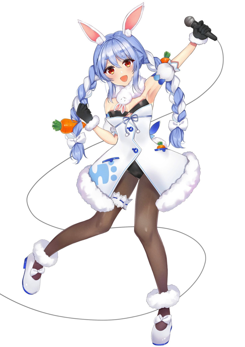 1girl :d animal_ear_fluff animal_ears arm_up armpits bangs bare_shoulders black_gloves black_legwear black_leotard blue_hair blush braid breasts carrot_hair_ornament clothing_cutout coat commentary_request dancing detached_sleeves don-chan_(usada_pekora) food_themed_hair_ornament fur-trimmed_coat fur-trimmed_gloves fur_scarf fur_trim garters gloves hair_ornament highres hikimayu holding holding_microphone hololive leotard leotard_under_clothes long_hair looking_at_viewer mary_janes mashiron_(shiroon03) microphone multicolored_hair open_mouth orange_eyes pantyhose playboy_bunny puffy_short_sleeves puffy_sleeves rabbit_ears red_eyes scarf shoes short_eyebrows short_sleeves single_garter small_breasts smile solo standing standing_on_one_leg strapless strapless_coat strapless_leotard swept_bangs thick_eyebrows twin_braids twintails two-tone_hair underboob_cutout usada_pekora virtual_youtuber white_coat white_footwear white_hair white_scarf white_sleeves