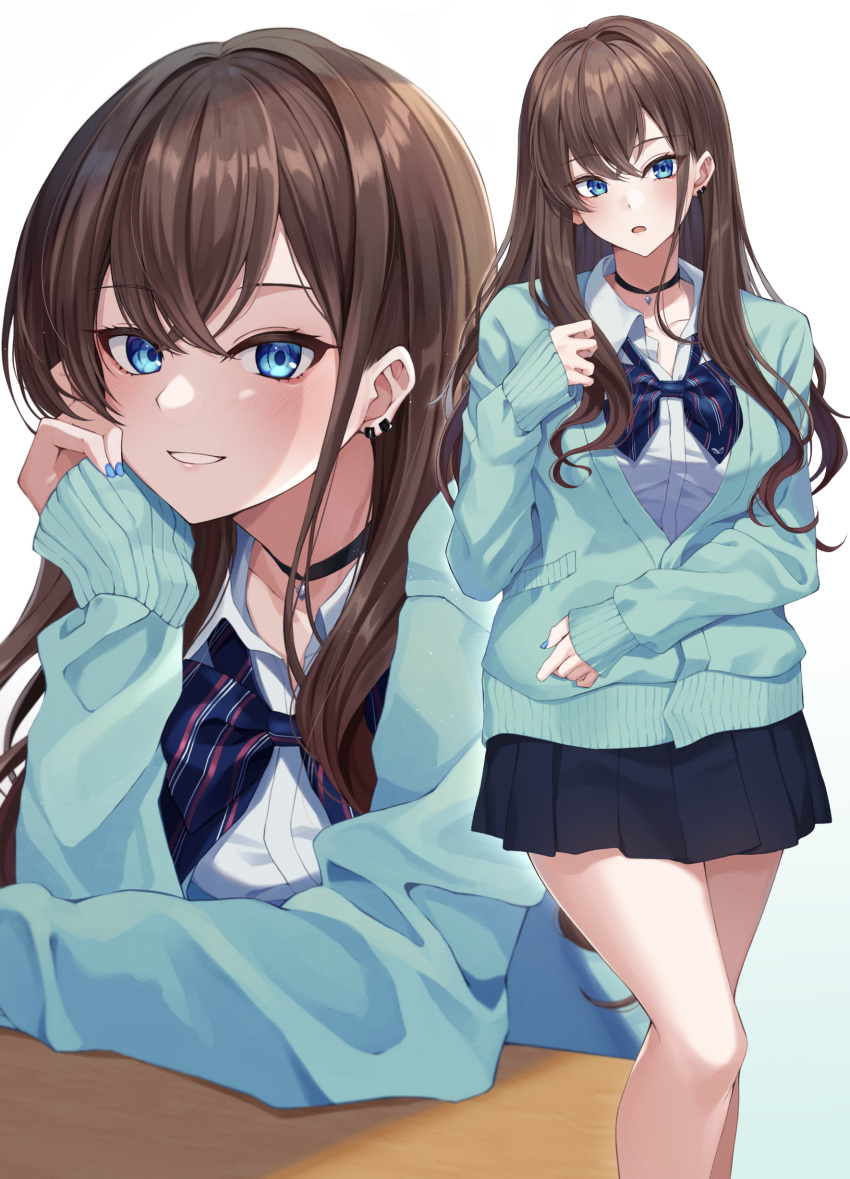 1girl :d :o absurdres aqua_cardigan bangs bare_legs black_choker black_skirt blue_bow blue_eyes blue_nails blue_neckwear blush bow bowtie brown_hair cardigan choker collared_shirt commentary_request earrings eyebrows_visible_through_hair feet_out_of_frame hand_on_own_cheek hand_on_own_face highres jewelry kurousagi_yuu long_hair long_sleeves looking_at_viewer miniskirt multiple_views nail_polish open_mouth original parted_lips pleated_skirt school_uniform shirt skirt sleeves_past_wrists smile standing striped striped_bow striped_neckwear white_shirt