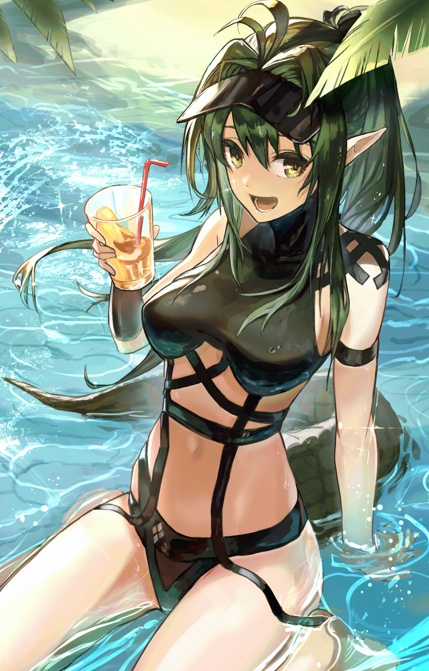 1girl :d absurdres antenna_hair arknights bangs bare_arms bare_shoulders breasts commentary crocodilian_tail cup drinking_glass drinking_straw gavial_(arknights) green_hair hair_between_eyes hand_up highres holding holding_cup kyara-suro long_hair looking_at_viewer medium_breasts navel open_mouth pointy_ears sitting smile solo stomach swimsuit tail thighs visor_cap water yellow_eyes