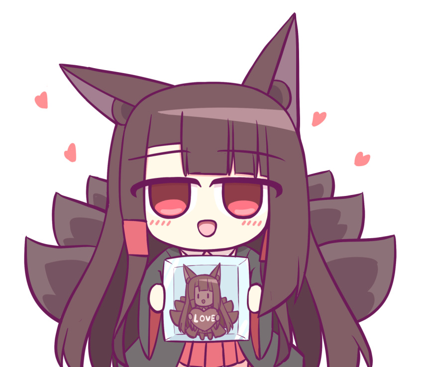 1girl akagi_(azur_lane) animal_ear_fluff animal_ears azur_lane black_kimono brown_hair brown_tail candy chibi chocolate chocolate_heart eyebrows_visible_through_hair food fox_ears heart holding holding_chocolate holding_food japanese_clothes kashimu kimono long_hair looking_at_viewer multiple_tails open_mouth red_eyes red_skirt simple_background skirt solo tail valentine white_background wide_sleeves