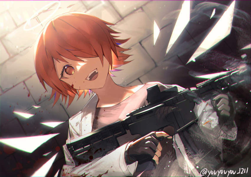 1girl :d arknights assault_rifle bangs black_gloves black_shirt blood blood_on_face bloody_clothes bloody_weapon commentary_request exusiai_(arknights) fingerless_gloves gloves gun hair_over_one_eye halo highres holding holding_gun holding_weapon jacket open_mouth red_eyes redhead rifle shirt short_hair smile solo stone_wall teeth twitter_username upper_teeth wall weapon white_jacket white_wings wings youyouyou_1211