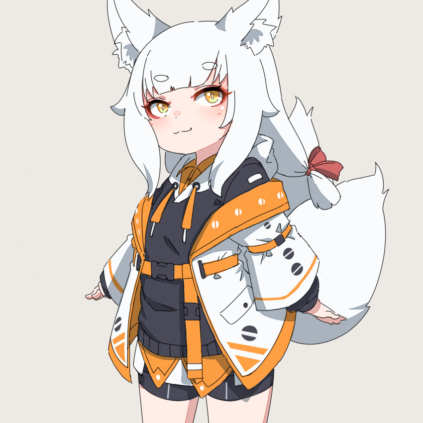 1girl animal_ear_fluff animal_ears bangs bike_shorts black_hoodie black_shorts blush brown_eyes closed_mouth collared_shirt commentary_request eyebrows_visible_through_hair fox_ears fox_girl fox_tail grey_background highres hood hood_down hoodie jacket kuro_kosyou long_hair long_sleeves off_shoulder open_clothes open_jacket orange_skirt original puffy_long_sleeves puffy_sleeves shiro_(kuro_kosyou) shirt short_eyebrows short_shorts shorts simple_background skirt sleeves_past_wrists smile solo standing tail thick_eyebrows white_hair white_jacket yellow_eyes