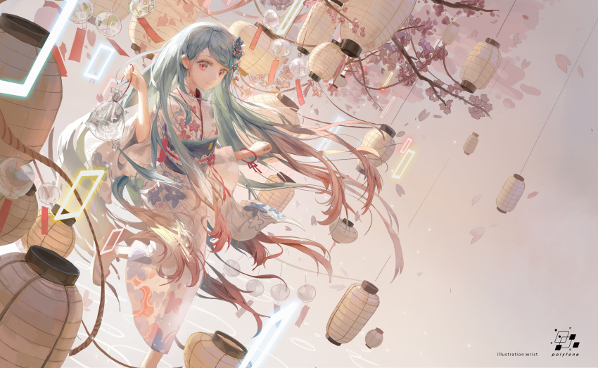 1girl absurdres aqua_hair chime closed_mouth dutch_angle floral_print flower hair_flower hair_ornament highres japanese_clothes jellyfish kimono lantern long_hair looking_at_viewer multicolored_hair obi original red_eyes sandals sash smile standing standing_on_liquid standing_on_one_leg two-tone_hair very_long_hair wind_chime wrist_(wrist0000)