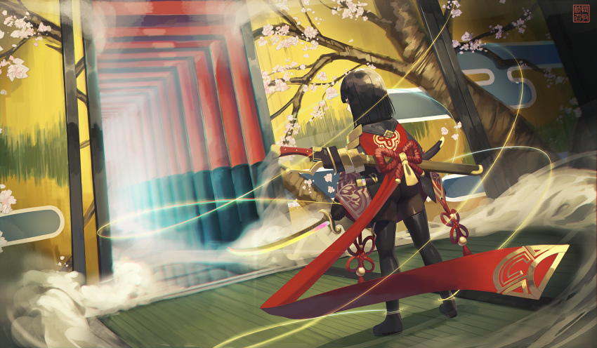 1girl black_gloves black_hair black_legwear commentary_request flower from_behind gloves highres holding holding_sword holding_weapon long_sleeves looking_away multiple_torii natori_youkai original pink_flower profile red_eyes sheath solo standing sword torii tree unsheathed weapon wide_sleeves