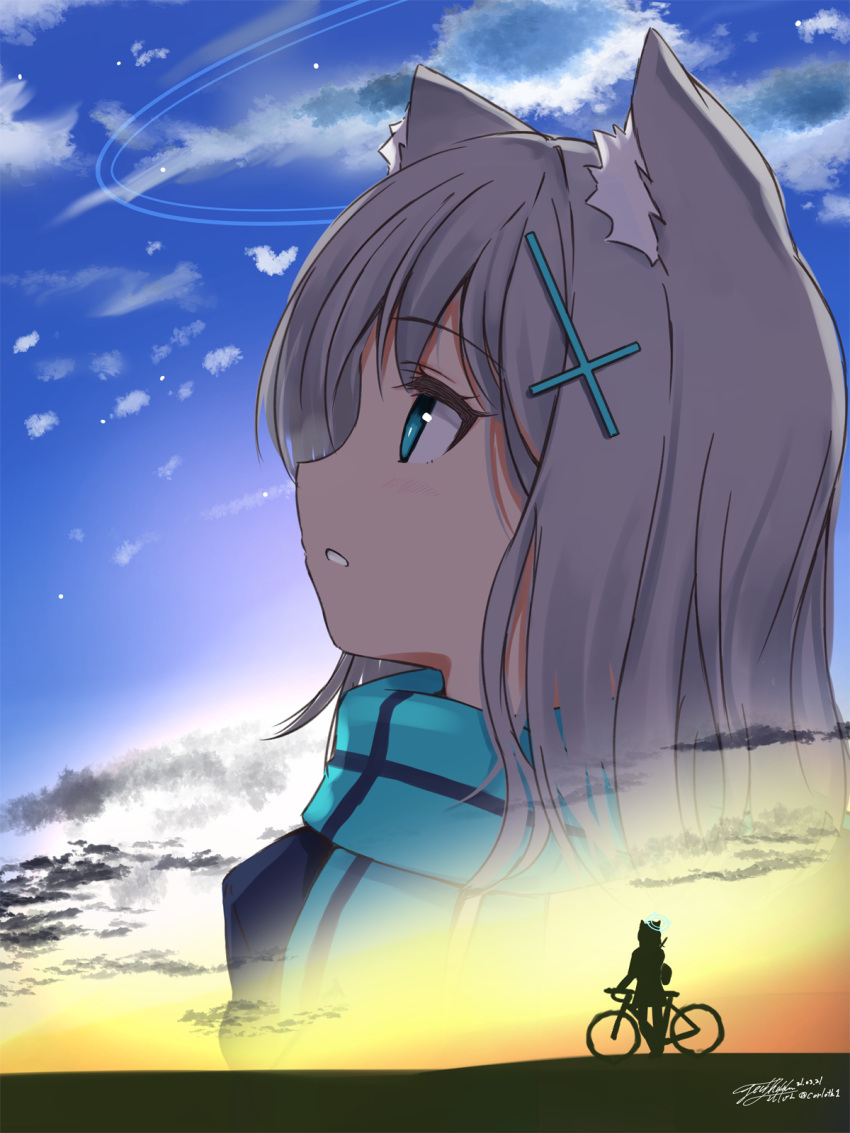 1girl animal_ear_fluff animal_ears bangs bicycle black_jacket blue_archive blue_eyes blue_scarf clouds dated eyebrows_visible_through_hair grey_hair ground_vehicle hair_ornament highres jacket long_hair looking_away parted_lips profile scarf shiroko_(blue_archive) signature sunset twitter_username yukinoshiro