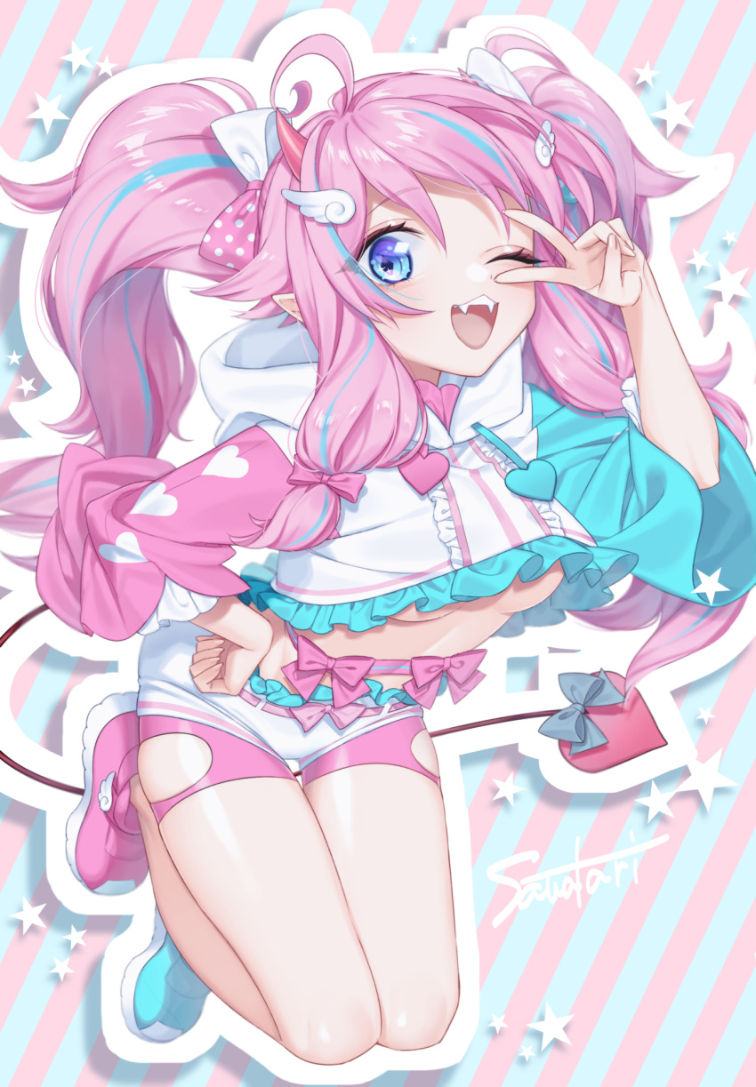 commission demon_tail fang full_body hair_ribbon highres hood hoodie indie_virtual_youtuber mismatched_legwear multicolored multicolored_clothes multicolored_hair no_bra pink_legwear pointy_ears ribbon sado_shinogu sidelocks skeb_commission streaked_hair tail tenshimi_(vtuber) twintails v wing_hair_ornament