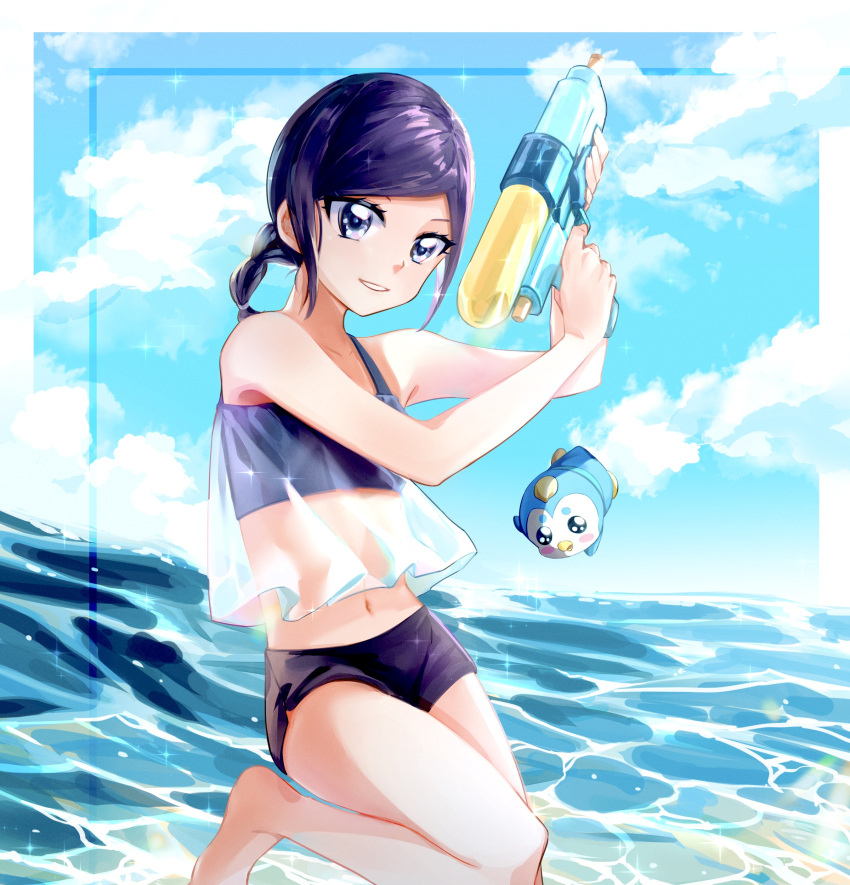 1girl absurdres bangs barefoot bikini bikini_shorts blue_bikini blue_eyes blue_hair braid braided_ponytail day grin healin'_good_precure highres holding holding_water_gun kmcho_902 medium_hair midriff navel ocean outdoors parted_bangs pegitan_(precure) ponytail precure sawaizumi_chiyu see-through shiny shiny_hair shorts smile solo standing standing_on_one_leg stomach summer swimsuit water_gun