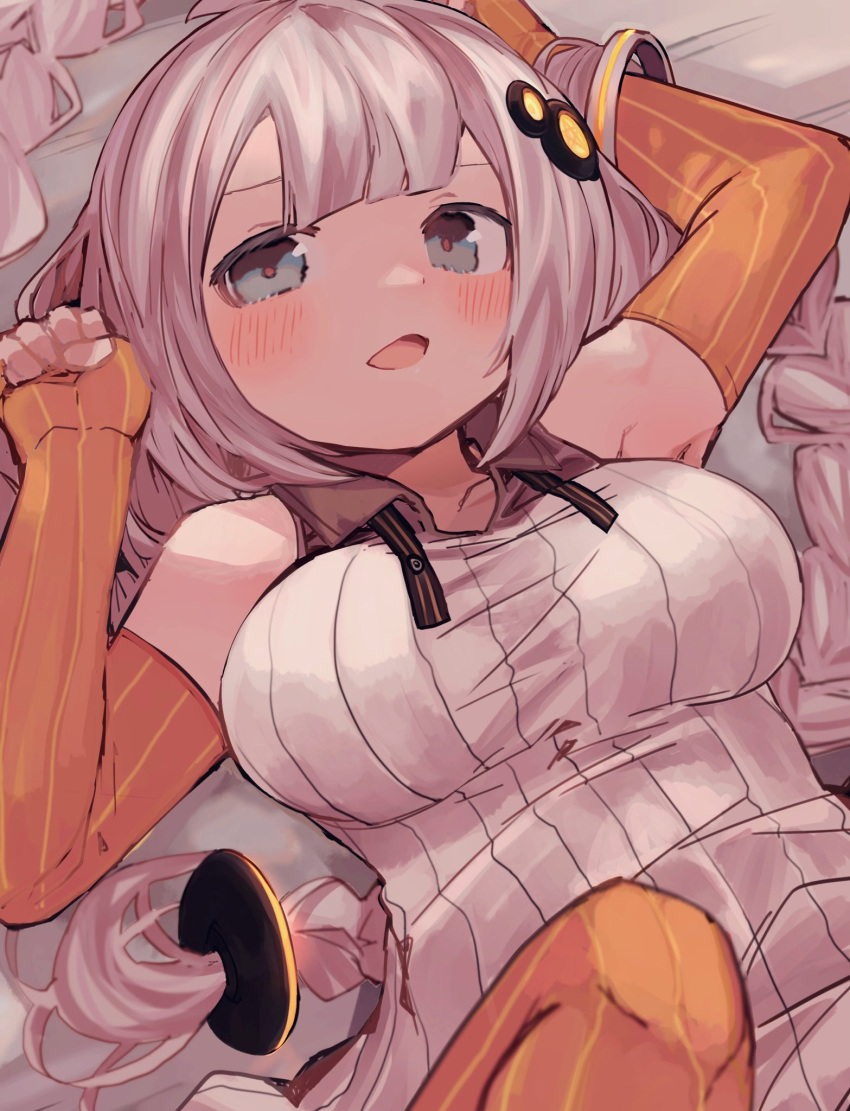 1girl arm_up armpits bangs bare_shoulders bed_sheet blue_eyes blush braid breasts collarbone collared_shirt commentary_request elbow_gloves eyebrows_behind_hair gloves hand_up highres kizuna_akari large_breasts long_hair looking_at_viewer lying on_back open_mouth orange_gloves orange_legwear pantyhose ribbed_shirt shirt siwasunohige sleeveless sleeveless_shirt solo striped striped_legwear twin_braids vertical-striped_gloves vertical-striped_legwear vertical_stripes very_long_hair voiceroid white_shirt