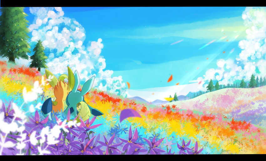 catsbell clouds commentary_request cuddling day field flower flower_field from_behind gen_4_pokemon glaceon leafeon light_beam no_humans outdoors petals pokemon pokemon_(creature) sky tree