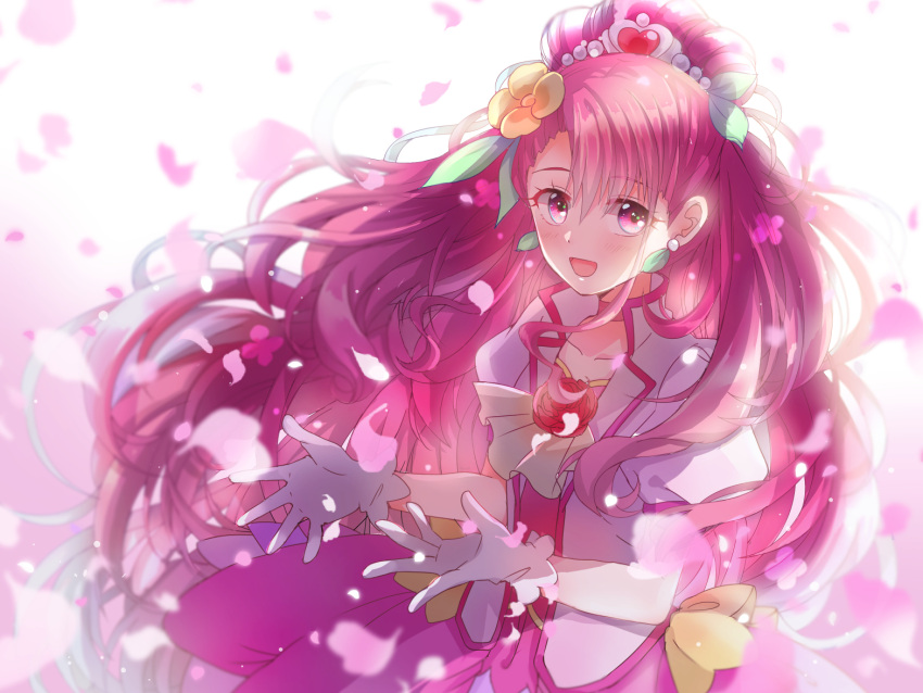 1girl bangs choker collarbone cure_grace dress earrings eyebrows_visible_through_hair floating_hair flower gloves hair_between_eyes hair_flower hair_ornament healin'_good_precure jacket jewelry lazy_orange long_hair looking_at_viewer open_clothes open_jacket petals pink_dress pink_hair precure red_choker red_eyes shiny shiny_hair short_sleeves solo standing very_long_hair white_background white_gloves white_jacket yellow_flower