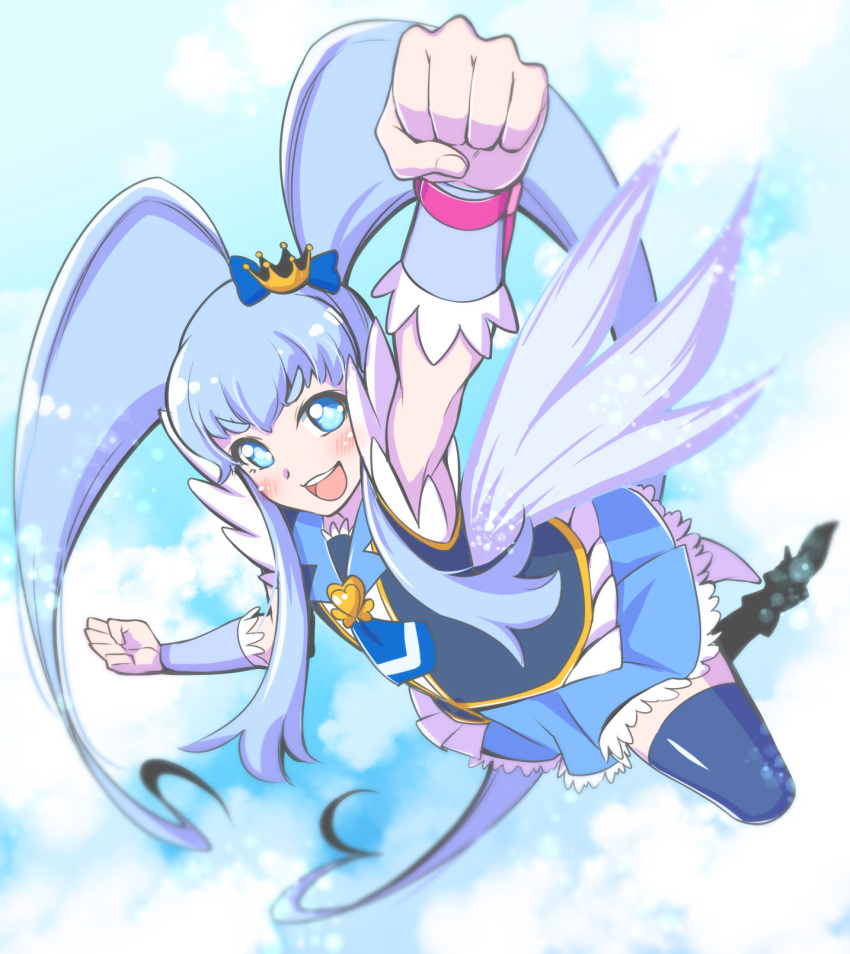 1girl :d arakawa_tarou bangs black_vest blue_bow blue_eyes blue_hair blue_legwear blue_neckwear blue_skirt blue_sleeves blush bow crown cure_princess detached_sleeves floating_hair full_body hair_bow happinesscharge_precure! highres long_hair looking_at_viewer mini_crown miniskirt open_mouth outstretched_arms pleated_skirt precure shiny shiny_clothes shiny_hair shiny_legwear skirt smile solo thigh-highs twintails v-shaped_eyebrows very_long_hair vest zettai_ryouiki