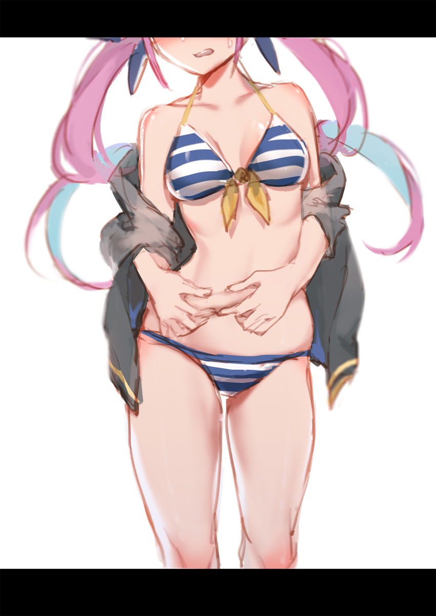 1girl bikini black_jacket blue_ribbon blush breasts cowboy_shot front-tie_bikini front-tie_top hair_ribbon head_out_of_frame highres hololive jacket letterboxed long_hair minato_aqua navel off_shoulder open_clothes open_jacket pinching pink_hair ribbon slyvia solo striped striped_bikini sweatdrop swimsuit twintails virtual_youtuber white_background