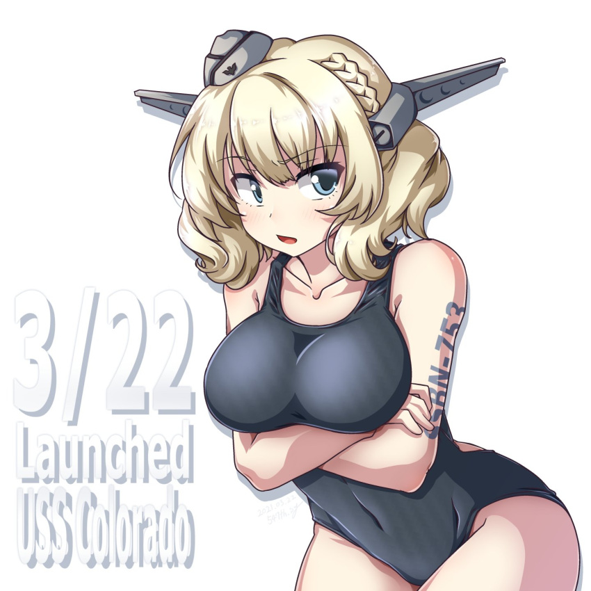 1girl 547th_sy alternate_costume blonde_hair blue_swimsuit blush breasts character_name collarbone colorado_(kancolle) covered_navel cowboy_shot dated garrison_cap grey_headwear happy_birthday hat highres kantai_collection large_breasts looking_to_the_side new_school_swimsuit one-piece_swimsuit open_mouth school_swimsuit short_hair side_braids solo swimsuit tattoo white_background