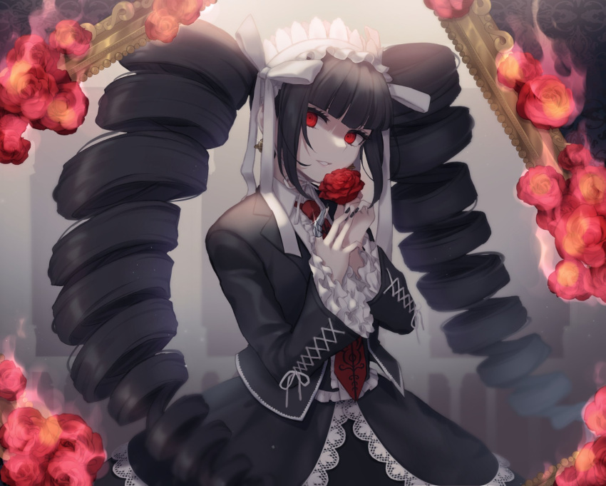 1girl bangs black_hair black_legwear black_nails black_skirt bonnet celestia_ludenberg center_frills commentary_request dangan_ronpa:_trigger_happy_havoc dangan_ronpa_(series) drill_hair earrings flower framed frilled_sleeves frills gothic_lolita hands_up highres holding holding_flower jacket jewelry lace-trimmed_skirt lace_trim layered_skirt lolita_fashion long_hair long_sleeves looking_at_viewer mizukura_ion nail_polish necktie red_eyes red_flower red_neckwear red_rose rose shirt skirt smile solo steam teeth thigh-highs twin_drills twintails