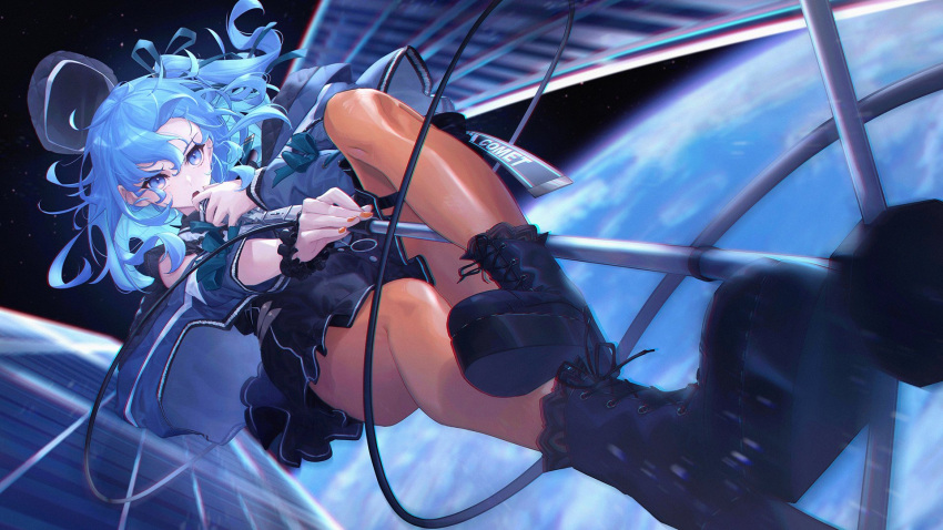 1girl action bangs beret blue_eyes blue_hair boots buttons floating_hair frilled_legwear hair_between_eyes hair_ornament hair_ribbon hat highres hololive hoshimachi_suisei leather leather_boots looking_at_viewer medium_hair microphone nail_polish open_mouth orange_legwear ribbon sky solar_panel solo space space_craft star_(sky) starry_sky virtual_youtuber whitem_(whiteemperor2020)