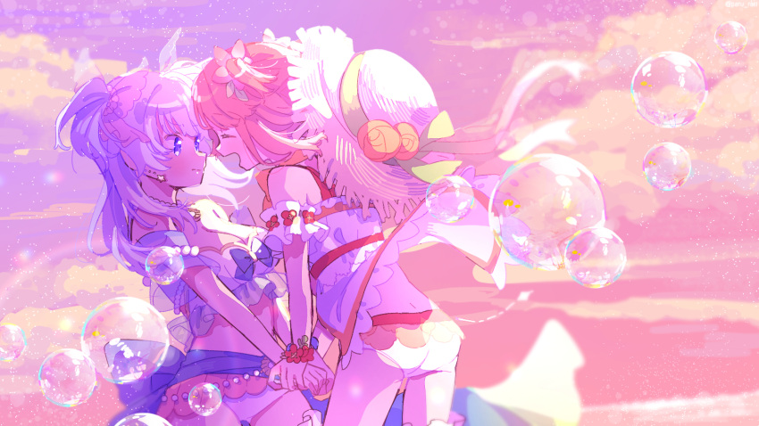 2girls akino_kaede ass backlighting blue_eyes blue_hair breasts bubble closed_mouth clothes_lift clouds cloudy_sky earrings face-to-face flower frills frown gradient gradient_sky hat headwear_removed highres holding_hands jewelry large_breasts laughing lens_flare light_blush light_particles looking_at_another magia_record:_mahou_shoujo_madoka_magica_gaiden mahou_shoujo_madoka_magica medium_hair minami_rena multiple_girls nervous orange_flower orange_rose outdoors paru_rari pink_sky profile purple_sky red_sky redhead rose shy sky star_(symbol) star_earrings straw_hat sun_hat sunlight sunset swimsuit two_side_up wide_shot