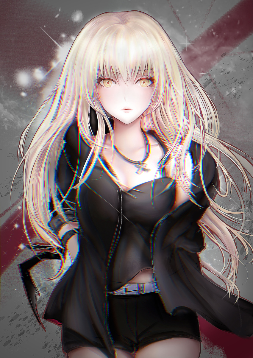 1girl absurdres alternate_hairstyle artoria_pendragon_(all) blonde_hair fate/grand_order fate/stay_night fate_(series) heaven's_feel highres jewelry lips long_hair looking_at_viewer necklace pinkuempire saber_alter shorts type-moon yellow_eyes