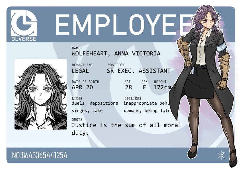 apoloniodraws business_card formal gauntlets hand_on_hip highres looking_to_the_side mole mole_under_eye original pantyhose purple_hair red_eyes scar suit wristband