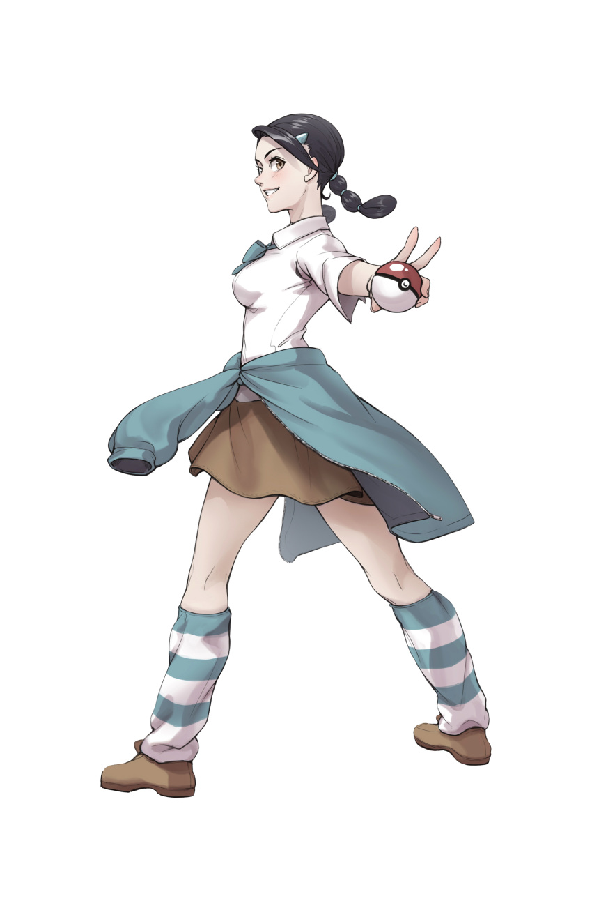 1girl absurdres black_hair blush brown_eyes brown_footwear brown_skirt candice_(pokemon) clothes_around_waist commentary gym_leader hair_ornament hairclip highres holding holding_poke_ball kazuko_(towa) kneehighs kneepits looking_back miniskirt multi-tied_hair poke_ball poke_ball_(basic) pokemon pokemon_(game) pokemon_dppt shirt shoes simple_background skirt smile solo standing striped striped_legwear sweater sweater_around_waist teeth twintails white_background white_shirt