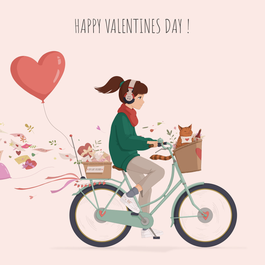 1girl absurdres animal artist_request balloon bicycle bicycle_basket bottle brown_hair cat chillcow english_commentary from_side full_body green_sweater grey_legwear ground_vehicle happy_valentine heart heart_balloon highres lofi_girl lofi_hip_hop_radio_-_beats_to_relax/study_to love_letter official_art pants red_scarf riding riding_bicycle scarf shoes smile sneakers socks solo_focus sweater tabby_cat valentine white_footwear wine_bottle wireless