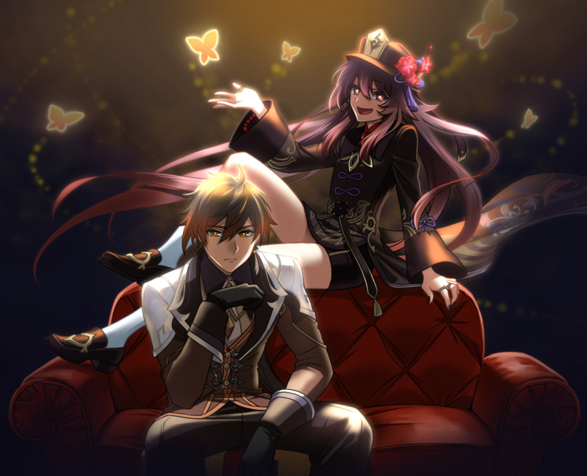 1boy 1girl bead_bracelet beads bracelet bug butterfly chinese_clothes couch flower genshin_impact hat hu_tao insect jewelry long_sleeves low_ponytail nail_polish namiba_516 on_couch open_mouth pants ring shorts sitting smile symbol-shaped_pupils zhongli_(genshin_impact)