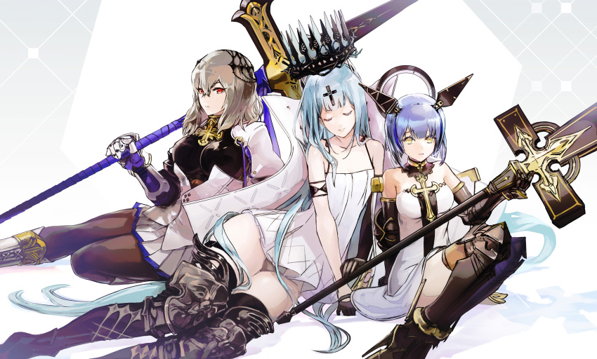 3girls absurdres armor armored_boots azur_lane bangs bare_shoulders black_footwear bodystocking boots breastplate breasts champagne_(azur_lane) closed_eyes comaza cross-laced_footwear cross_hair_ornament crossed_bangs crown dress flat_chest gascogne_(azur_lane) gauntlets grey_hair hair_ornament headgear high_heels highres holding holding_spear holding_weapon long_hair looking_at_viewer medium_breasts medium_hair miniskirt multiple_girls pleated_skirt polearm red_eyes saint-louis_(azur_lane) short_hair simple_background skirt sleeveless sleeveless_dress spear stiletto_heels strapless strapless_dress very_long_hair weapon white_dress white_footwear white_skirt yellow_eyes