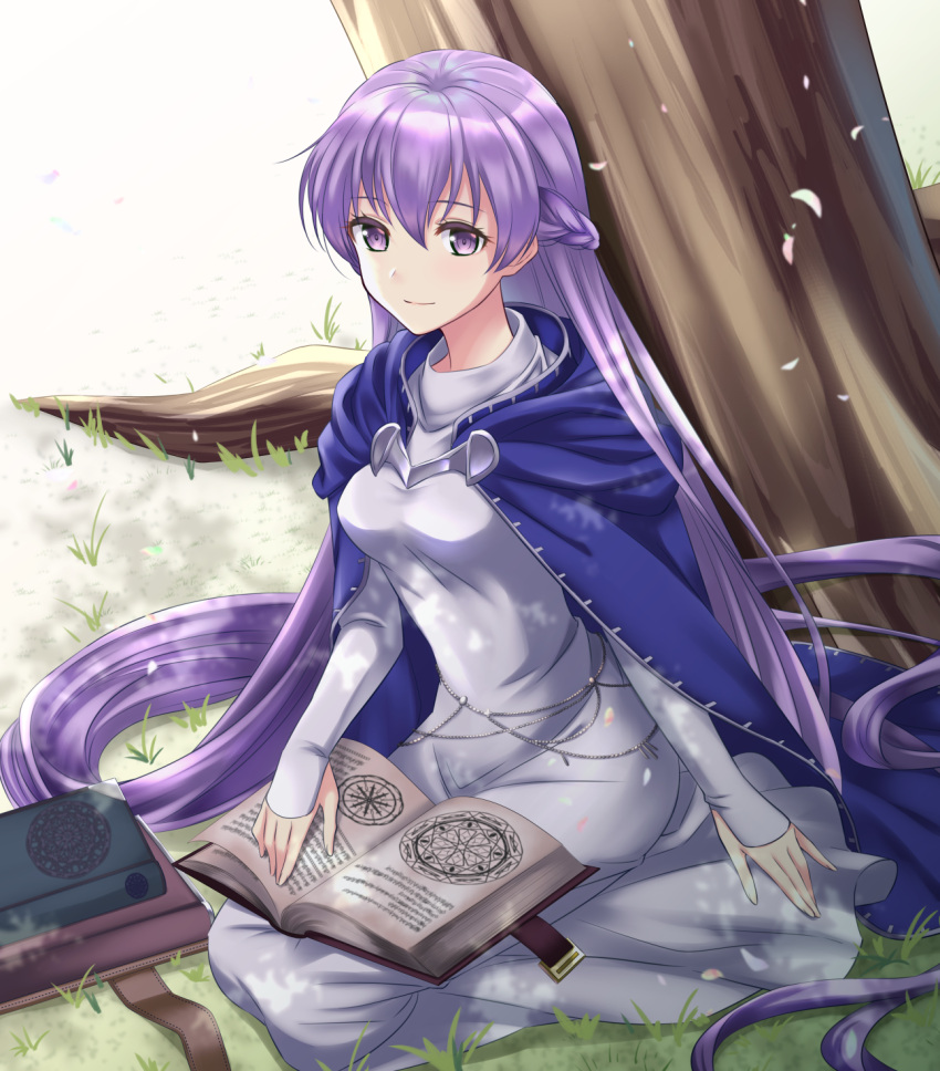 1girl absurdly_long_hair belly_chain blue_dress blush book cloak commission dress fire_emblem fire_emblem:_the_binding_blade grass highres jewelry kakiko210 long_hair looking_at_viewer open_book purple_cloak purple_hair seiza sitting skeb_commission solo sophia_(fire_emblem) tree very_long_hair violet_eyes