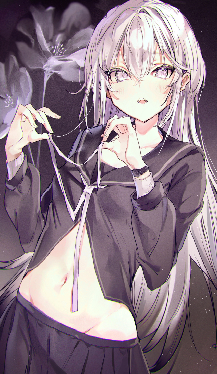 1girl absurdres bangs black_sailor_collar black_serafuku black_skirt blush breasts commentary_request crop_top eyebrows_visible_through_hair fingernails flower grey_eyes grey_hair grey_ribbon hands_up highres holding holding_ribbon irohatomo long_hair long_sleeves navel open_mouth original ribbon sailor_collar school_uniform serafuku skirt small_breasts solo standing teeth tongue undone_bowtie upper_teeth very_long_hair watch watch white_flower
