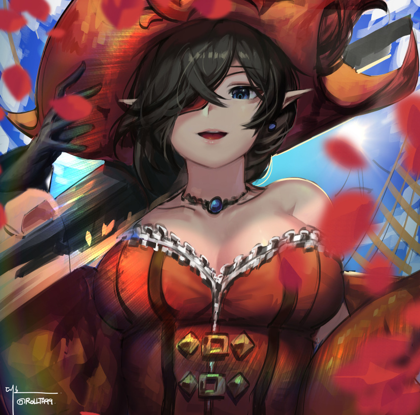 1girl absurdres bangs black_gloves breasts collar daeno eyepatch gloves green_eyes grin guardian_tales hair_over_one_eye hat highres long_hair looking_at_viewer medium_breasts pirate pirate_hat pirate_rachel pointy_ears red_headwear smile
