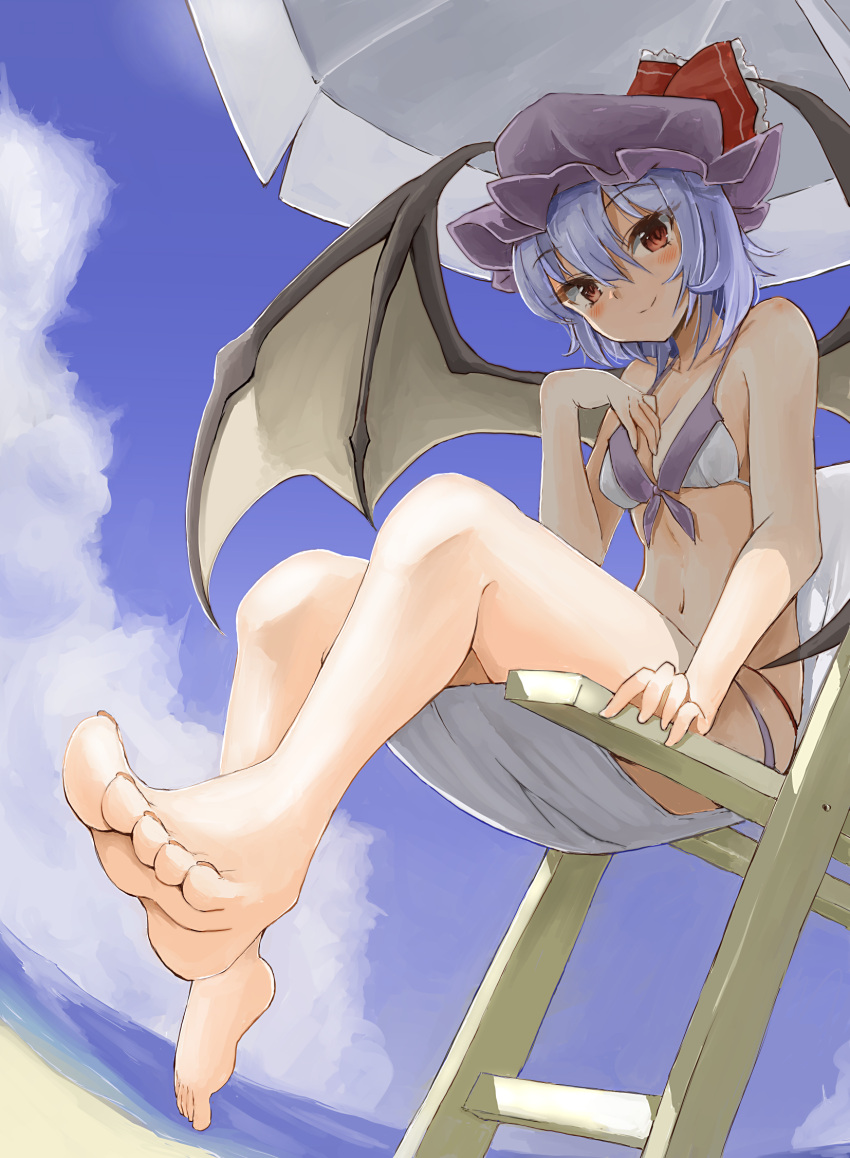 1girl barefoot bat_wings beach bikini blue_hair blush bow clouds feet hat highres looking_at_viewer mob_cap navel parasol red_bow red_eyes remilia_scarlet short_hair sitting sky smile soles solo swimsuit toes touhou umbrella white_bikini wings yamabukiiro_(browncat)