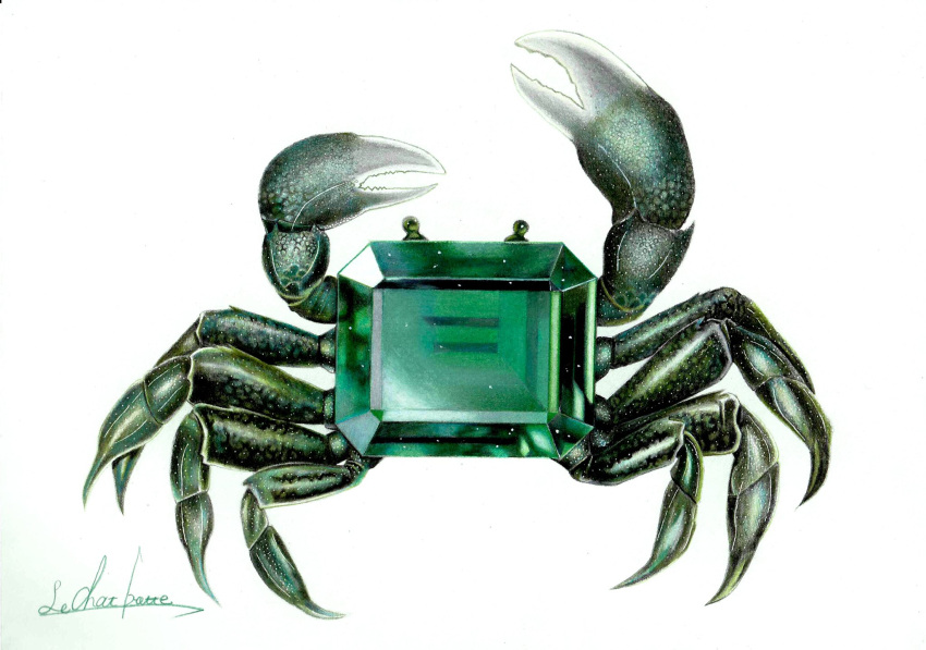 animal_focus colored_pencil_(medium) crab crystal emerald_(gemstone) erumo_0384 green_theme highres no_humans original simple_background traditional_media white_background