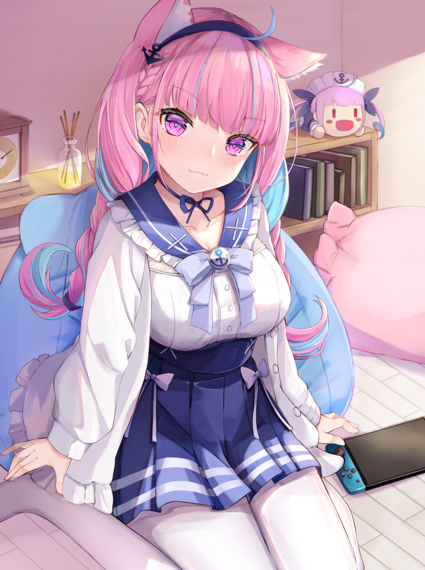 1girl :3 absurdres ahoge animal_ear_fluff animal_ears bangs blue_hair blue_neckwear blue_sailor_collar blue_skirt blunt_bangs blush bookshelf bow bowtie braid breasts cat_ears cat_girl commentary_request cushion frilled_sailor_collar frills high-waist_skirt highres hololive huge_filesize jacket kanno_esuto long_sleeves looking_at_viewer medium_breasts minato_aqua multicolored_hair nintendo_switch no_shoes open_clothes open_jacket pantyhose pink_hair pleated_skirt sailor_collar school_uniform serafuku sitting skirt solo stuffed_toy twin_braids twintails two-tone_hair violet_eyes virtual_youtuber wariza white_jacket white_legwear