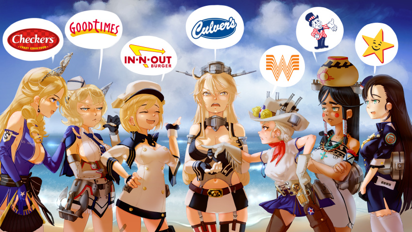 6+girls arizona_(azur_lane) azur_lane beach blonde_hair breasts california_(azur_lane) character_request closed_eyes colorado_(kancolle) contrapposto detached_sleeves earrings garter_straps hair_between_eyes hat highres iowa_(kancolle) jewelry kantai_collection large_breasts long_hair medium_breasts multiple_girls navel rigging short_hair smile speech_bubble thigh-highs thighs toorops