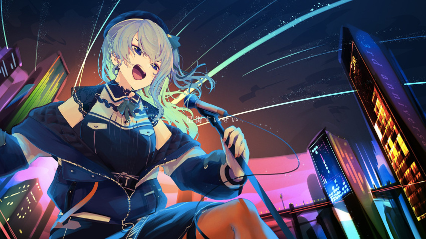1girl armillary_sphere beret black_skirt blue_hair blue_ribbon bow breasts cable coat collar ember_(7012) hair_between_eyes hat highres holding holding_microphone_stand hololive hoshimachi_suisei jacket long_hair microphone microphone_stand o-ring o-ring_belt off_shoulder orange_legwear orange_ribbon padded_coat pantyhose ribbon ringlets short_sleeves side_ponytail skirt smile solo twintails virtual_youtuber wavy_hair winter_clothes winter_coat
