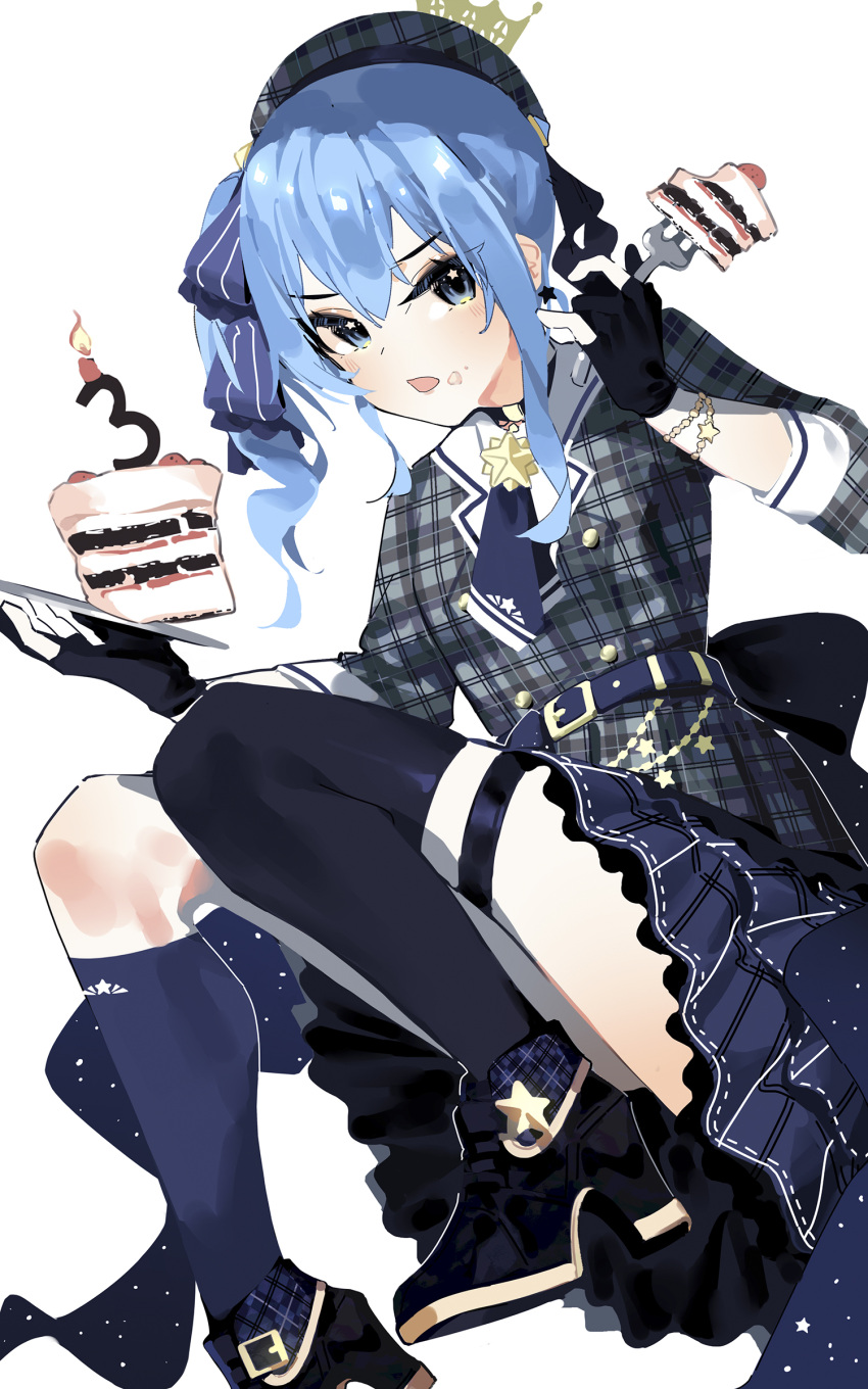 1girl absurdres asymmetrical_legwear bangs belt belt_buckle beret blue_eyes blue_hair blush bow buckle cake choker crown earrings eyebrows_visible_through_hair food food_on_face frilled_skirt frills gloves hair_between_eyes hair_ornament hat high_heels highres hololive hoshimachi_suisei jewelry long_hair looking_at_viewer mania_(fd6060_60) mini_crown open_mouth plaid ribbon side_ponytail skirt solo star-shaped_pupils star_(symbol) symbol-shaped_pupils thigh_strap virtual_youtuber