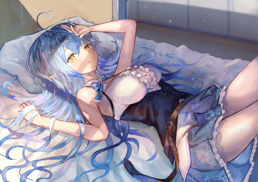 1girl ahoge arm_up bangs bare_arms bare_shoulders bed belt blue_bow blue_hair blue_neckwear blue_skirt bow bowtie breasts brown_belt center_frills commentary_request corset day elf frills hair_between_eyes heart_ahoge highres hololive indoors large_breasts long_hair looking_at_viewer lying no_hat no_headwear on_back on_bed parted_lips pillow pointy_ears print_skirt shirt skirt sleeveless sleeveless_shirt snowflake_print solo sunlight virtual_youtuber white_shirt window_shade xyunx yellow_eyes yukihana_lamy