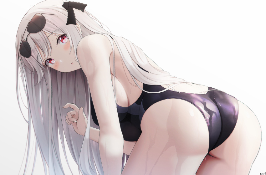 1girl ass bangs bare_arms bare_shoulders bent_over black_ribbon black_swimsuit blush breasts character_name competition_swimsuit eyebrows_visible_through_hair eyewear_on_head from_behind girls_frontline hair_ribbon hand_up highres kar98k_(girls_frontline) keenh long_hair looking_at_viewer looking_back medium_breasts one-piece_swimsuit parted_lips red_eyes ribbon simple_background sleeveless solo sunglasses swimsuit wet white_background white_hair