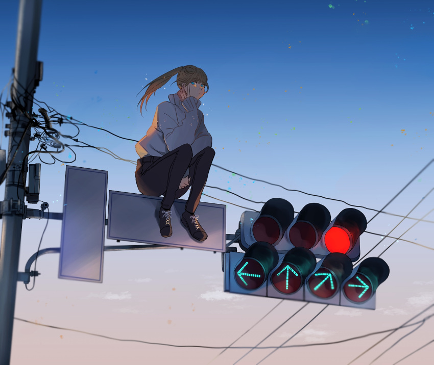 1girl black_hair blue_eyes bumpofmiwa denim hand_on_own_face highres jeans long_hair original pants ponytail shoes sitting sky sneakers traffic_light utility_pole