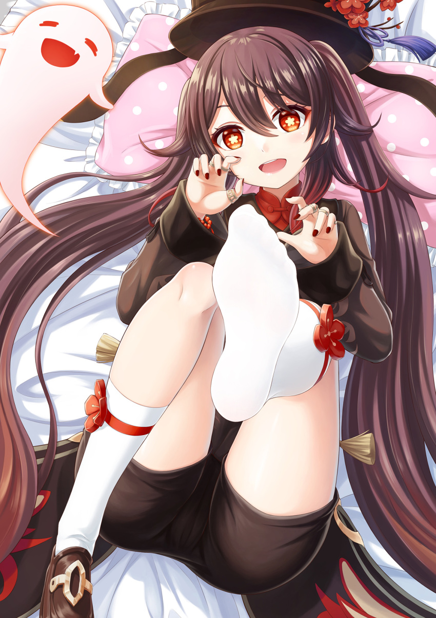 brown_hair genshin_impact highres hu_tao lying no_shoes on_back open_mouth red_eyes smile soles symbol-shaped_pupils zzt_(zztsama)