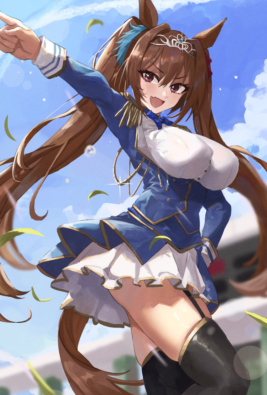 1girl :d absurdres animal_ears arm_up bangs black_legwear blue_jacket blurry blurry_background blush breasts brown_hair daiwa_scarlet day depth_of_field dress epaulettes eyebrows_visible_through_hair fang garter_straps glint hair_between_eyes hand_on_hip highres hirasawagitai horse_ears horse_girl horse_tail jacket large_breasts lens_flare long_hair long_sleeves looking_at_viewer open_clothes open_jacket open_mouth outdoors pointing skin_fang skindentation smile solo sweat tail thigh-highs thighs tiara twintails umamusume v-shaped_eyebrows very_long_hair violet_eyes white_dress