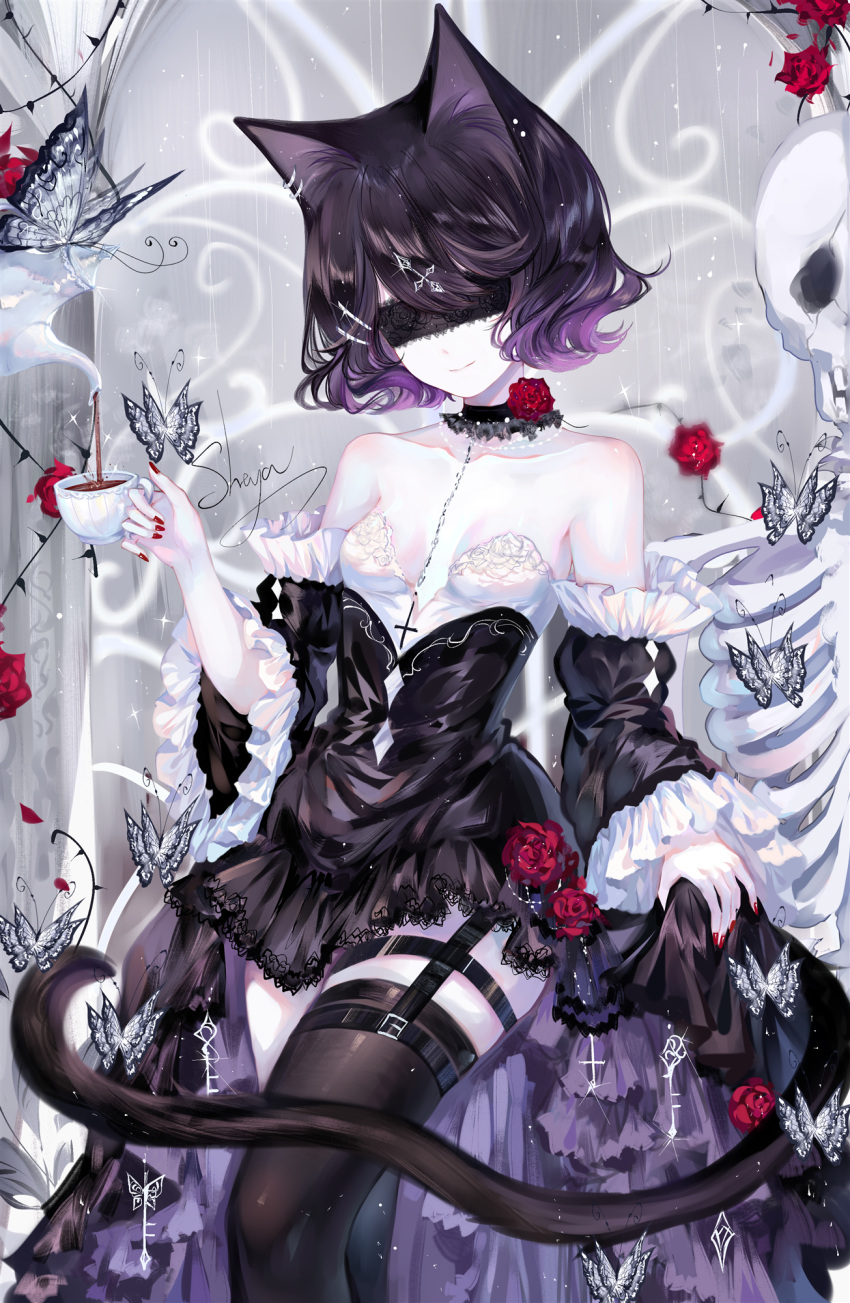 1girl animal_ears artist_name bangs bare_shoulders black_dress black_hair black_legwear blindfold breasts cat_ears commentary cup detached_sleeves dress flower head_tilt highres holding holding_cup original red_flower red_rose rose sheya short_hair signature small_breasts solo strapless strapless_dress symbol_commentary teacup thigh-highs