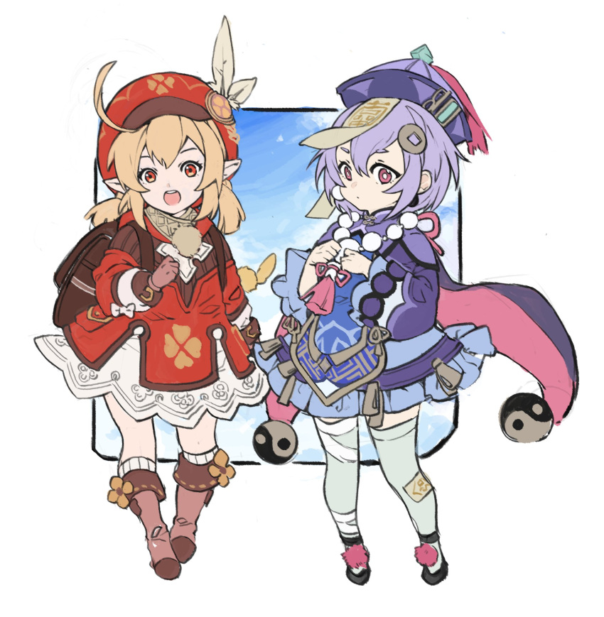 2girls ahoge backpack bag bangs bead_necklace beads blonde_hair boots braid brown_footwear clover dress feathers four-leaf_clover genshin_impact gloves hair_ornament hat hat_feather highres jennygin2 jewelry klee_(genshin_impact) long_hair long_sleeves low_twintails multiple_girls necklace ofuda open_mouth pink_eyes pointy_ears pom_pom_(clothes) purple_hair purple_headwear qing_guanmao qiqi_(genshin_impact) red_eyes red_headwear simple_background single_braid standing tassel thigh-highs twintails white_background