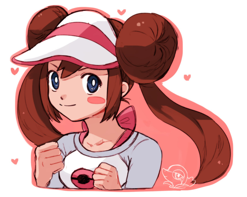 1girl bangs blush_stickers bow brown_hair clenched_hands closed_mouth commentary_request danki_tm99 double_bun floating_hair gen_5_pokemon hands_up heart highres korean_commentary long_hair pink_bow pokemon pokemon_(game) pokemon_bw2 raglan_sleeves rosa_(pokemon) shirt sidelocks sketch smile snivy solo twintails visor_cap