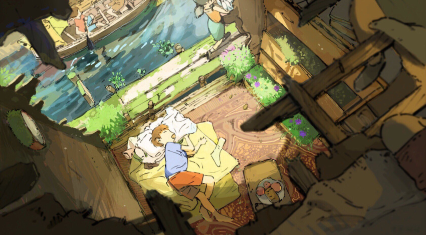 3boys asobizukuri black_footwear blue_shirt boat flower highres leaf lying multiple_boys oar on_side original plant profile purple_flower red_shorts rug shadow shirt shoes short_sleeves shorts walking watercraft wide_shot