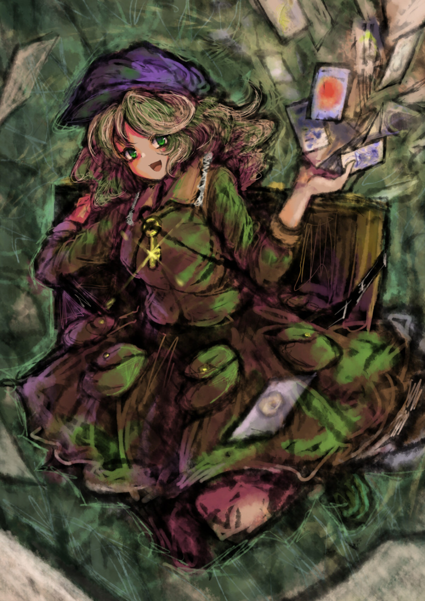 1girl 2b-ge breasts camouflage camouflage_jacket camouflage_skirt card collared_jacket green_background green_eyes green_hair highres holding holding_card jacket jumping key long_sleeves looking_at_viewer medium_breasts open_mouth purple_headwear skirt smile touhou unconnected_marketeers yamashiro_takane