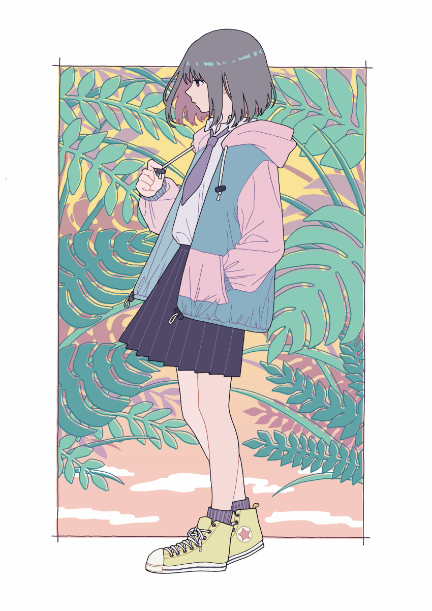 1girl absurdres black_hair bob_cut commentary converse highres leaf original plaid plaid_skirt plant profile shi_oo shoes short_hair skirt sneakers