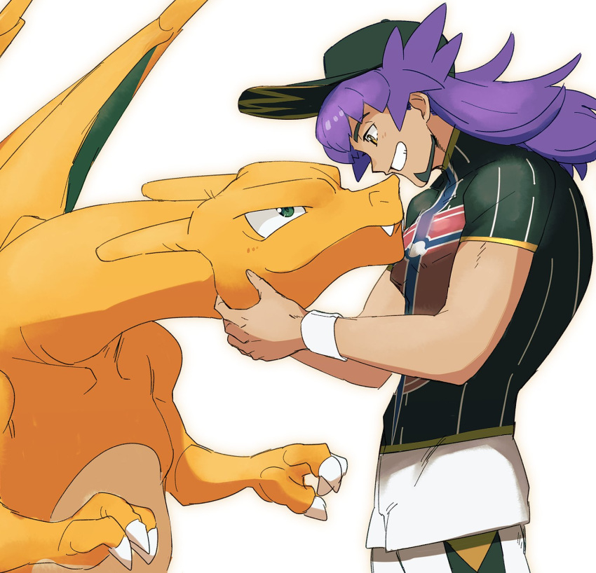 1boy bangs baseball_cap champion_uniform charizard facial_hair from_side gen_1_pokemon grin hat highres leon_(pokemon) long_hair male_focus morio_(poke_orio) pokemon pokemon_(creature) pokemon_(game) pokemon_swsh purple_hair shirt short_shorts short_sleeves shorts simple_background smile white_background white_shorts white_wristband yellow_eyes