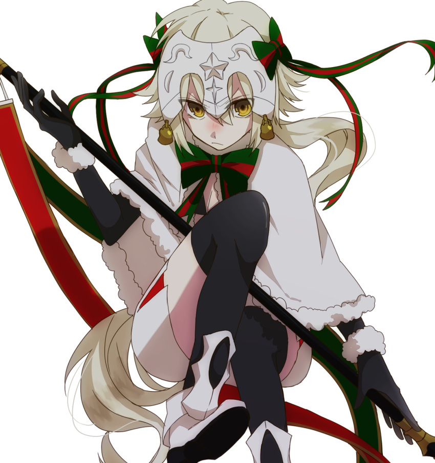 1girl bangs bell black_gloves black_legwear blonde_hair blush boots bow bowtie capelet closed_mouth eiku eyebrows_visible_through_hair fate/grand_order fate_(series) fur-trimmed_capelet fur-trimmed_gloves fur_trim gloves hair_between_eyes hair_bow hair_ribbon headpiece highres holding holding_weapon jeanne_d'arc_(fate)_(all) jeanne_d'arc_alter_santa_lily_(fate) long_hair looking_at_viewer nose_blush ribbon shorts solo thigh-highs v-shaped_eyebrows very_long_hair weapon white_shorts yellow_eyes