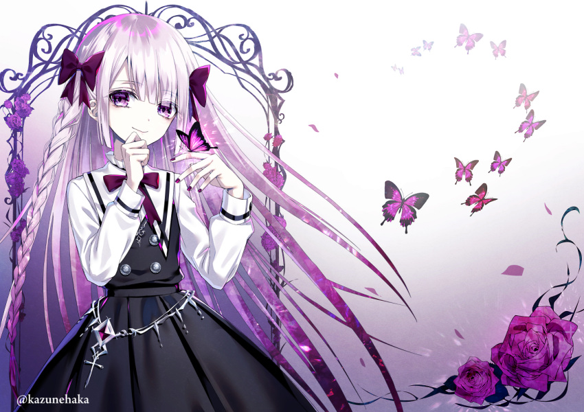 1girl bangs black_dress braid bug butterfly buttons closed_mouth cowboy_shot dress flower gothic_lolita hair_ribbon hand_on_own_chin insect kazunehaka lolita_fashion long_braid long_hair long_sleeves looking_at_viewer original pinafore_dress purple_nails purple_ribbon red_neckwear ribbon rose shirt sidelocks smile solo white_background white_hair white_shirt